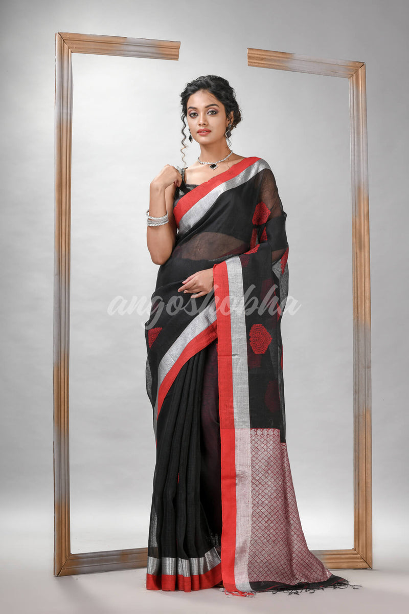 Black Blend Silk Linen All Body Motive With Red White Border Jacquard saree