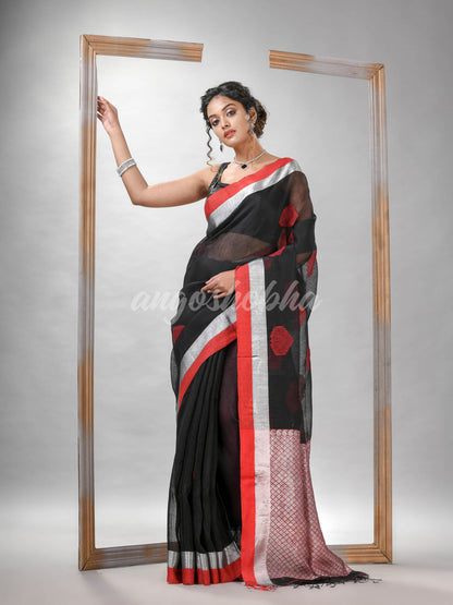 Black Blend Silk Linen All Body Motive With Red White Border Jacquard saree