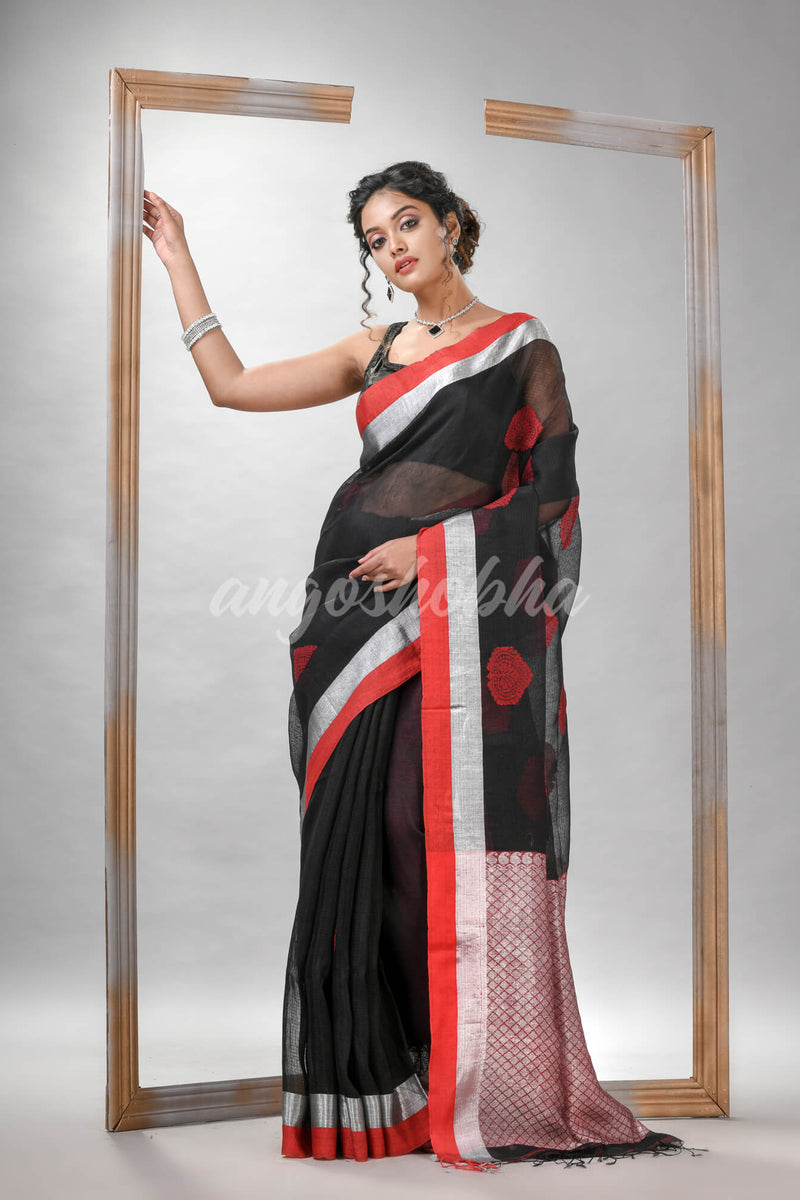 Black Blend Silk Linen All Body Motive With Red White Border Jacquard saree