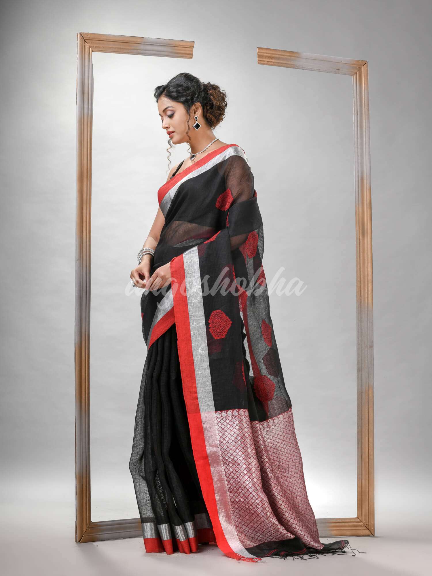 Black Blend Silk Linen All Body Motive With Red White Border Jacquard saree