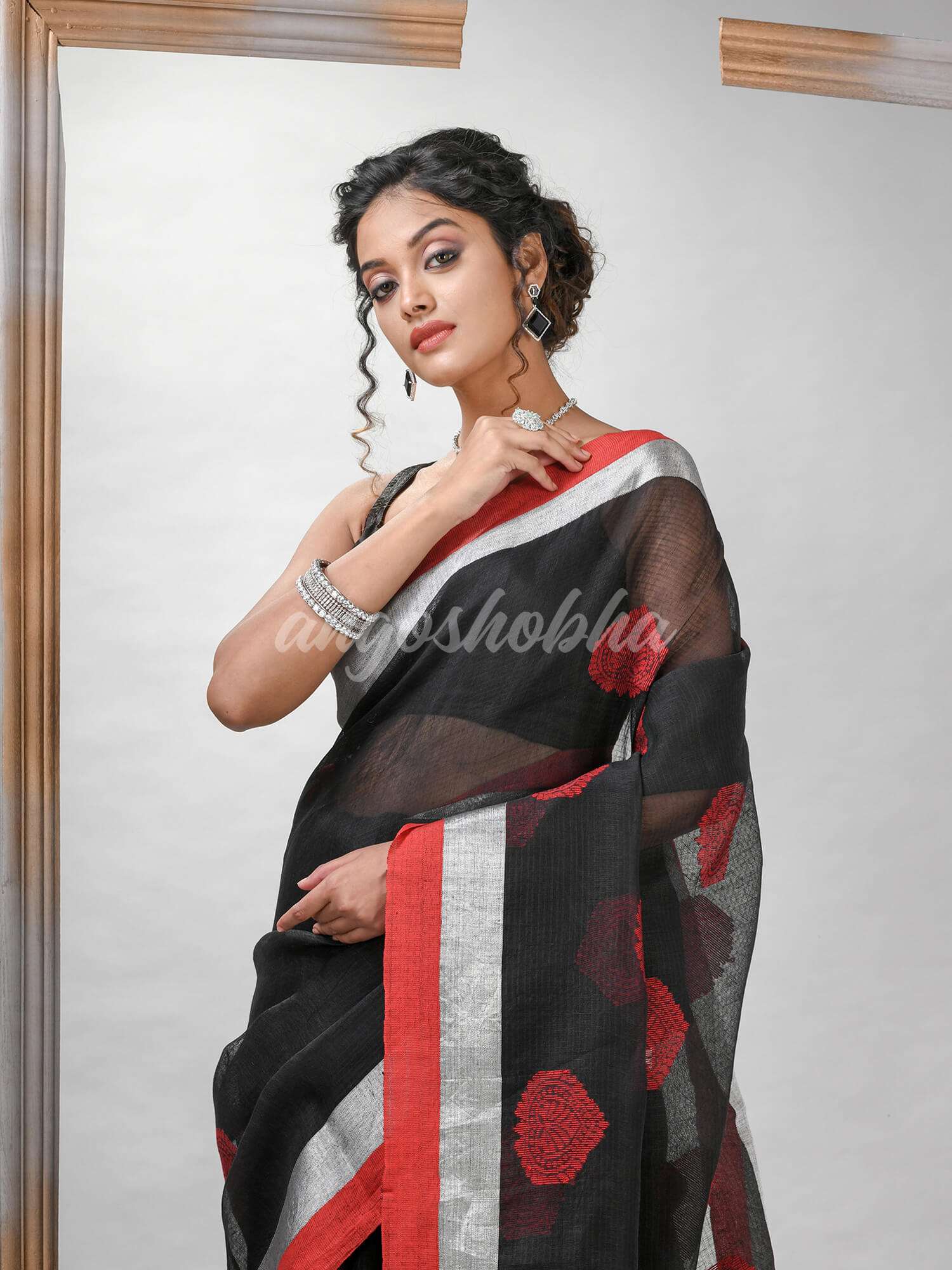 Black Blend Silk Linen All Body Motive With Red White Border Jacquard saree