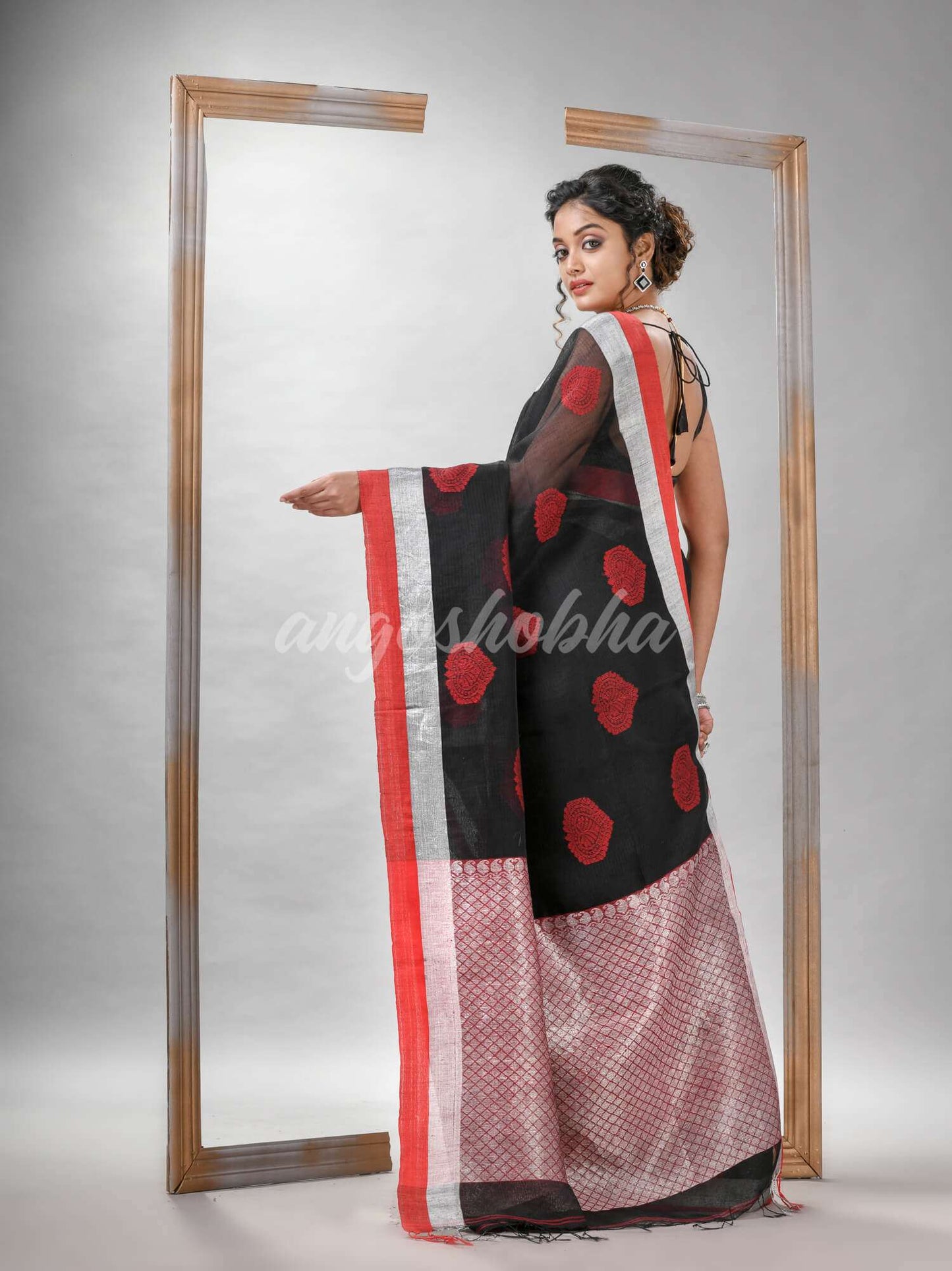 Black Blend Silk Linen All Body Motive With Red White Border Jacquard saree