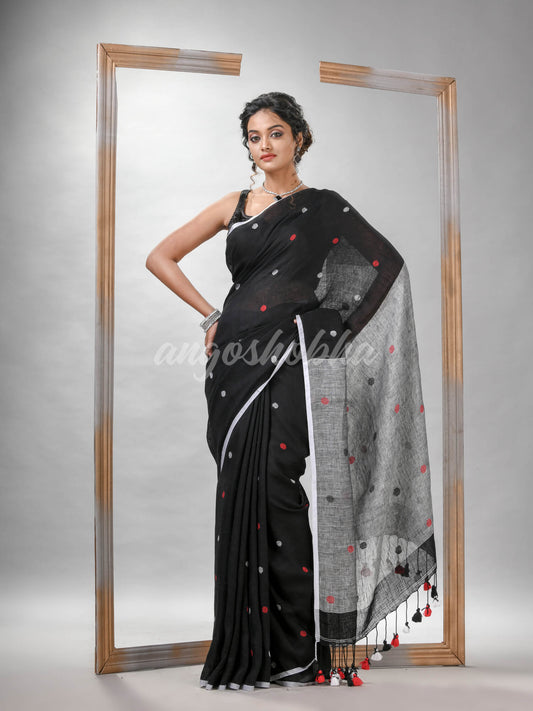 Black Linen All Body Buti With Pallu Grey Handloom saree