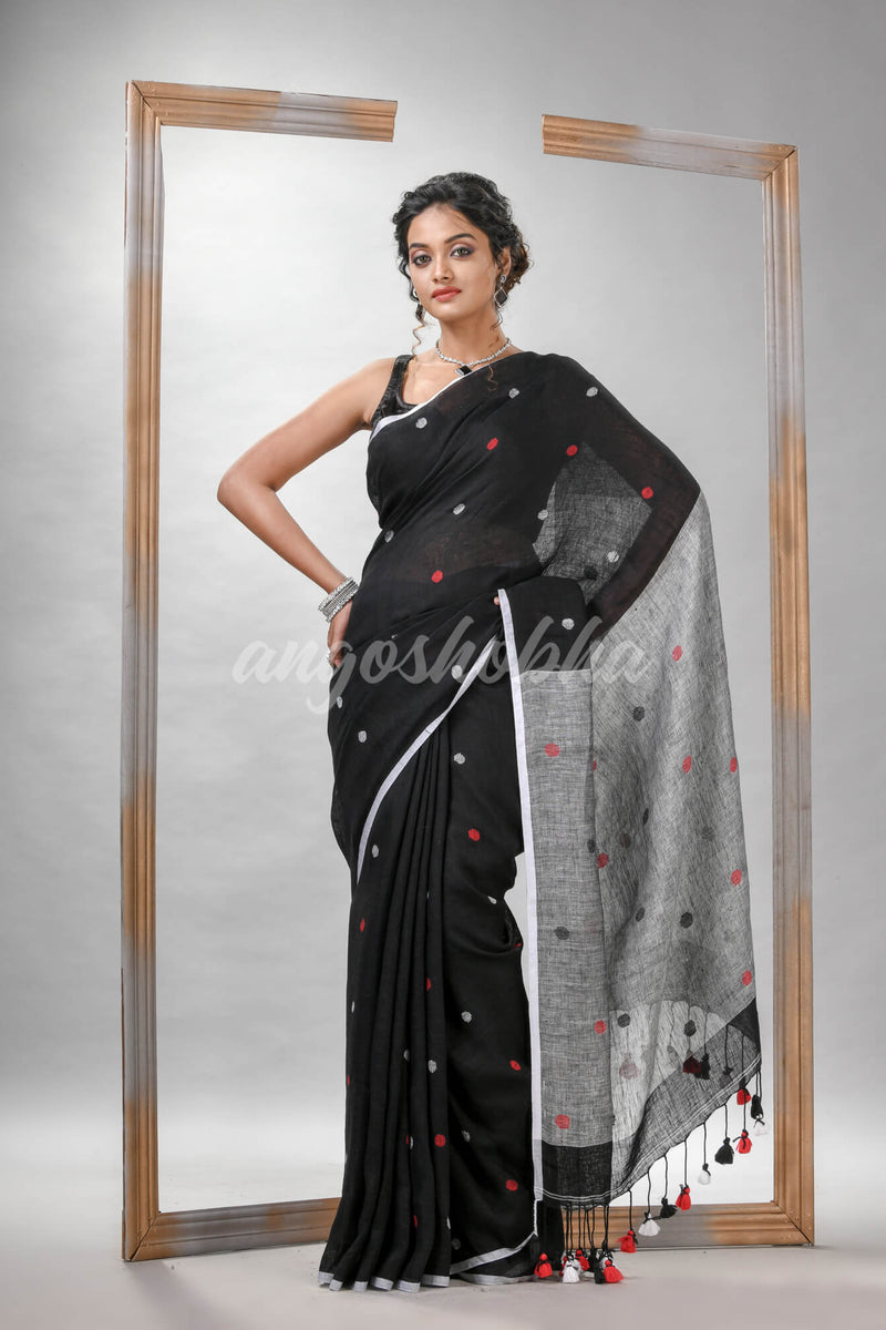 Black Linen All Body Buti With Pallu Grey Handloom saree