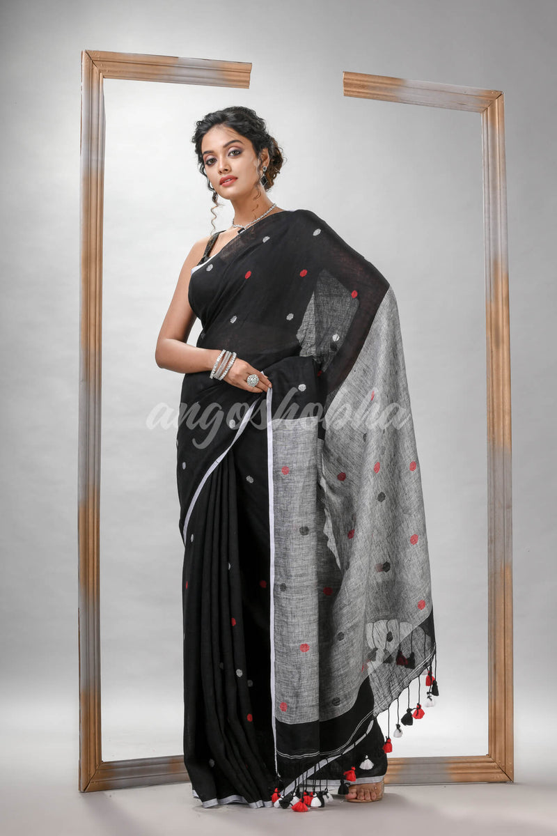 Black Linen All Body Buti With Pallu Grey Handloom saree