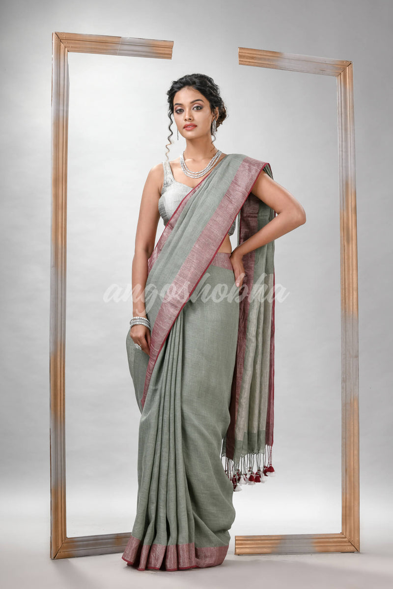 Sage Green Linen Solid Bady With Pallu Silver Zari Handloom Saree