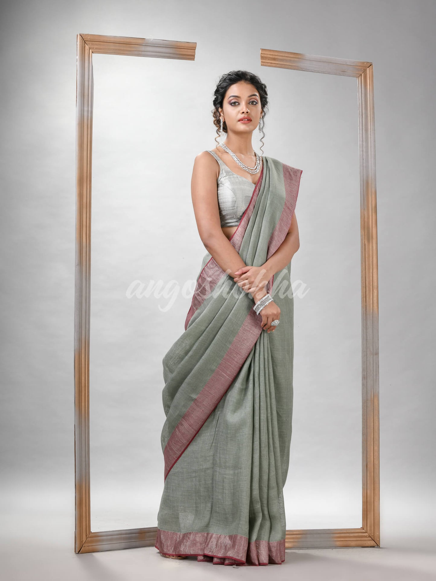 Sage Green Linen Solid Bady With Pallu Silver Zari Handloom Saree