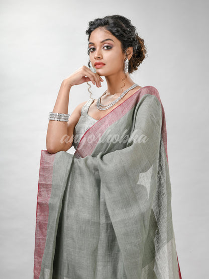 Sage Green Linen Solid Bady With Pallu Silver Zari Handloom Saree