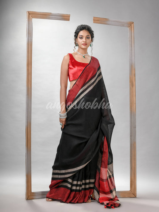 Black with multi colour pallu handwoven linen saree