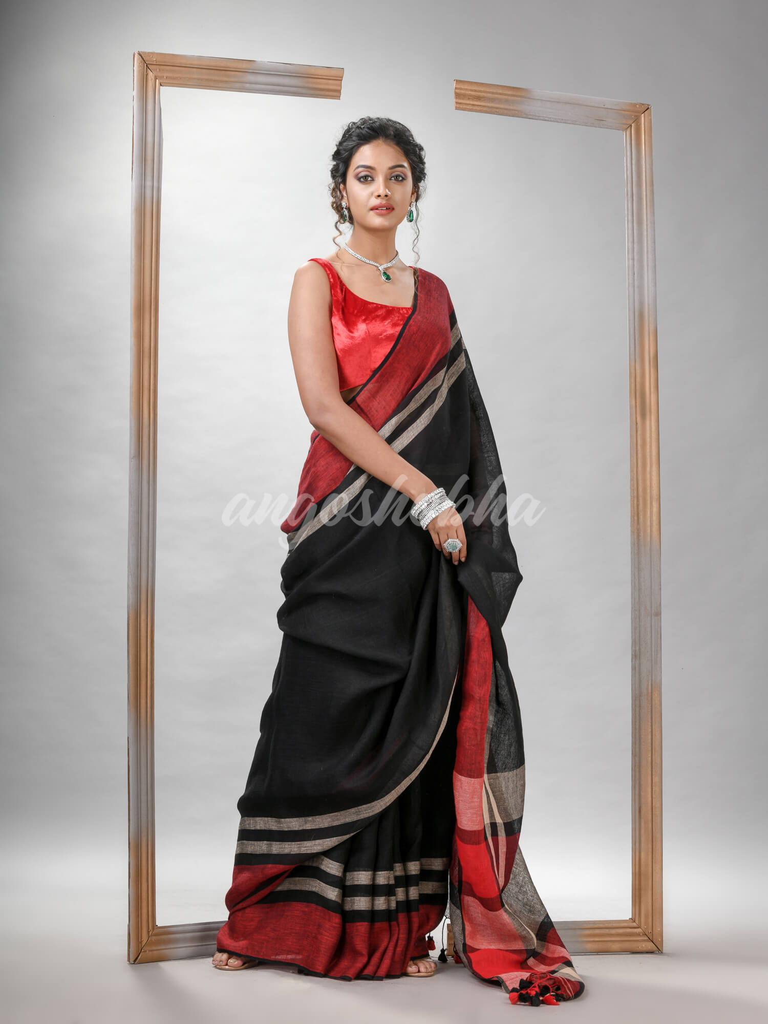 Black with multi colour pallu handwoven linen saree
