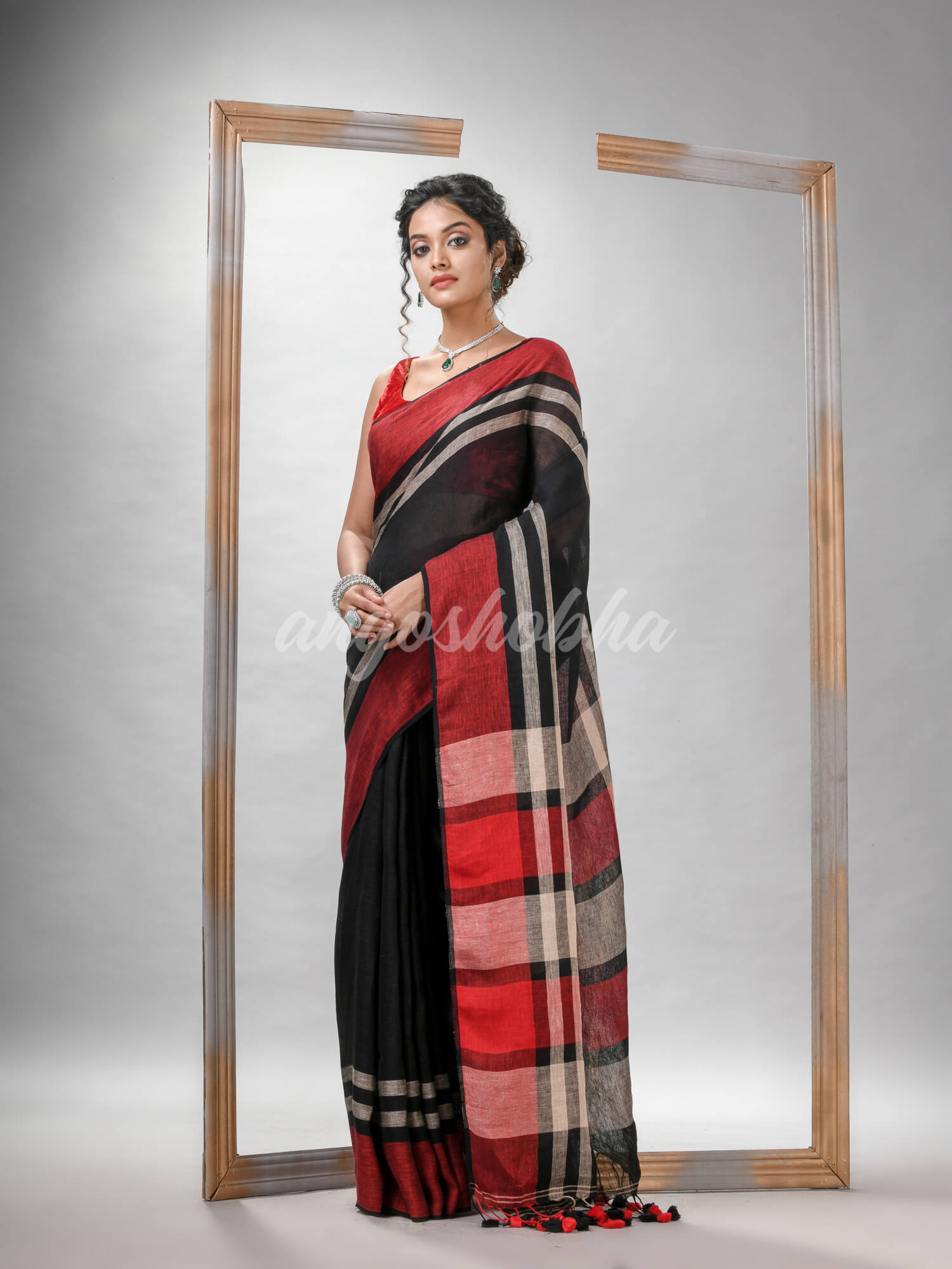 Black with multi colour pallu handwoven linen saree
