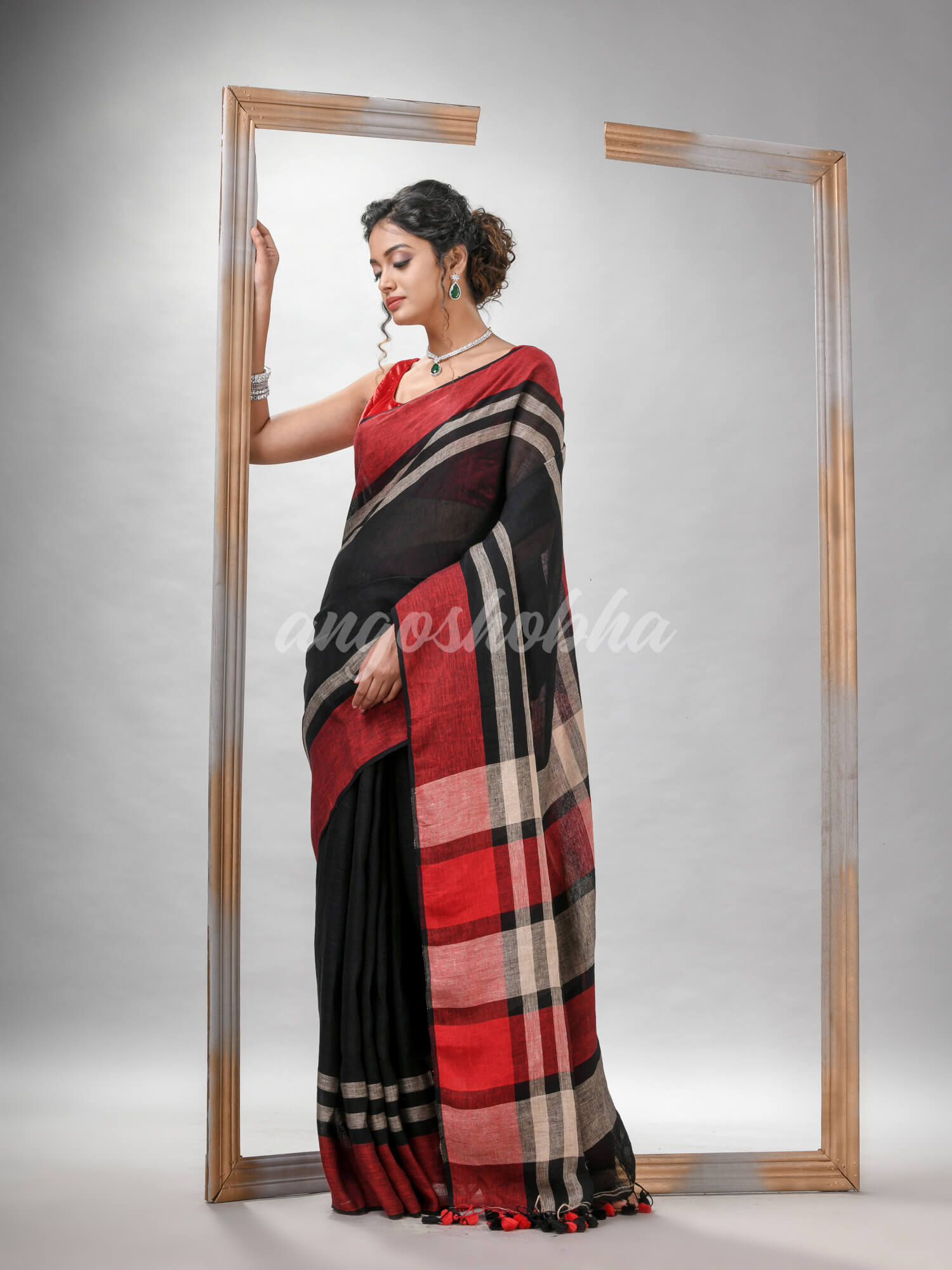 Black with multi colour pallu handwoven linen saree