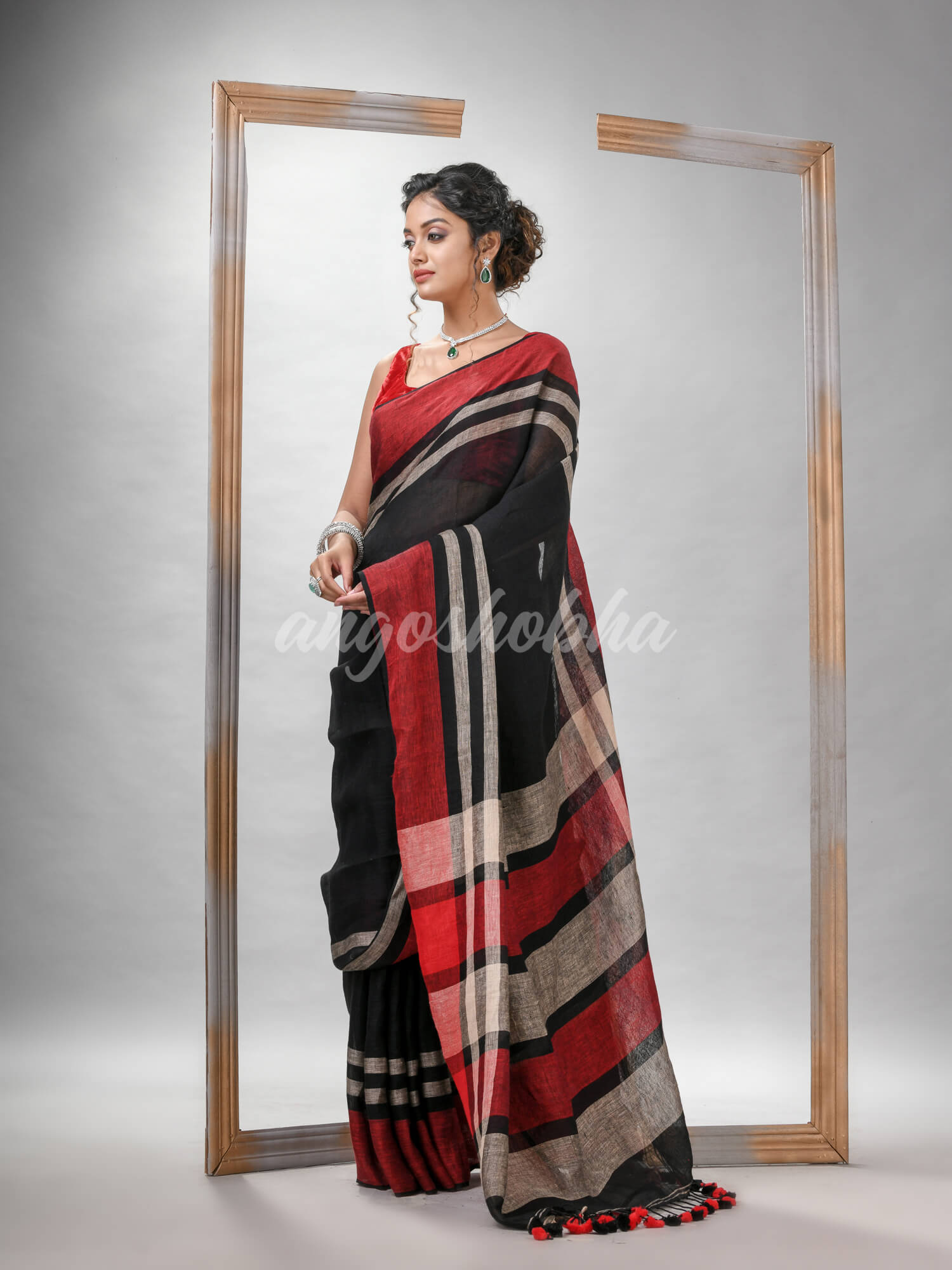 Black with multi colour pallu handwoven linen saree
