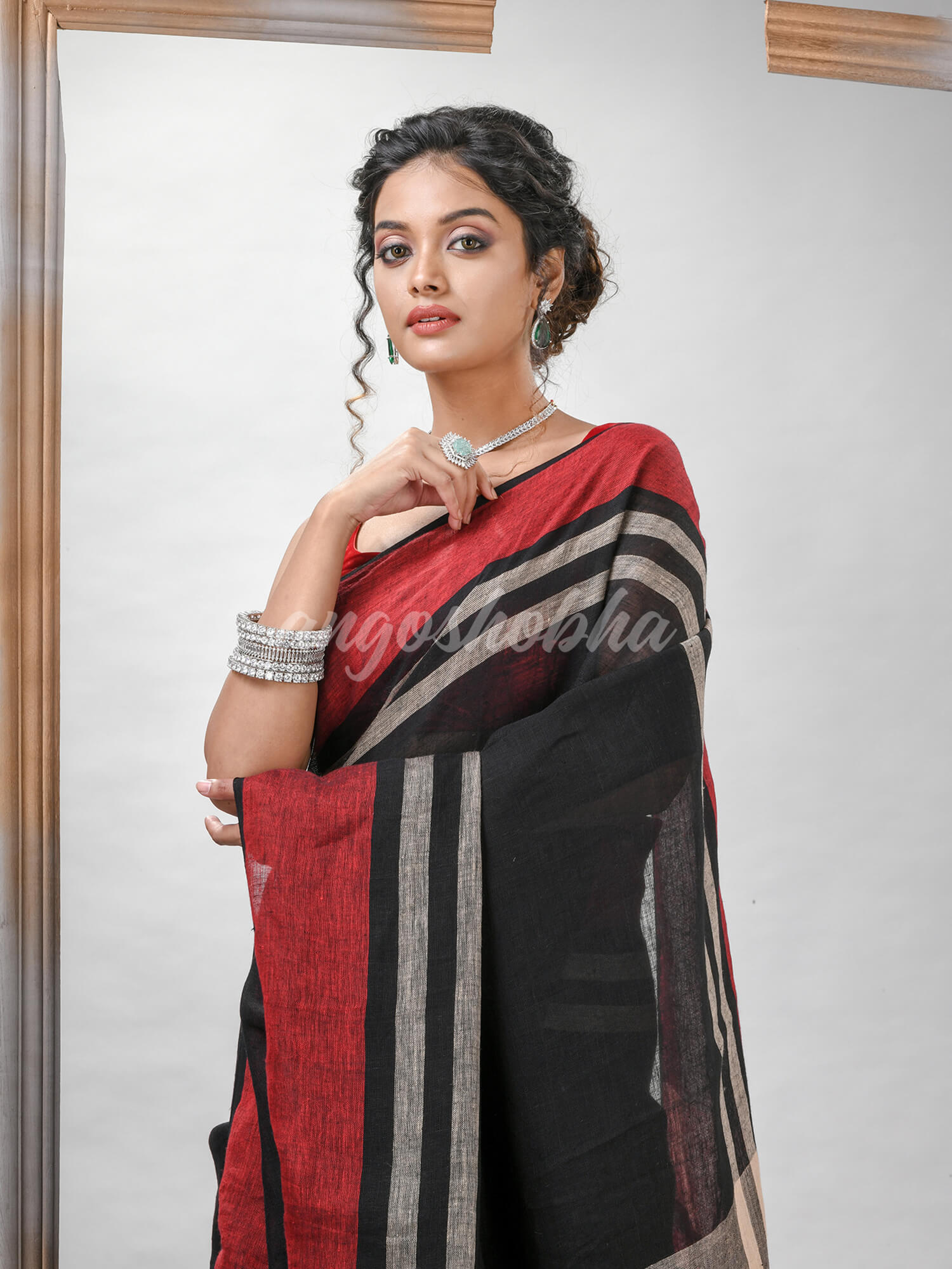Black with multi colour pallu handwoven linen saree