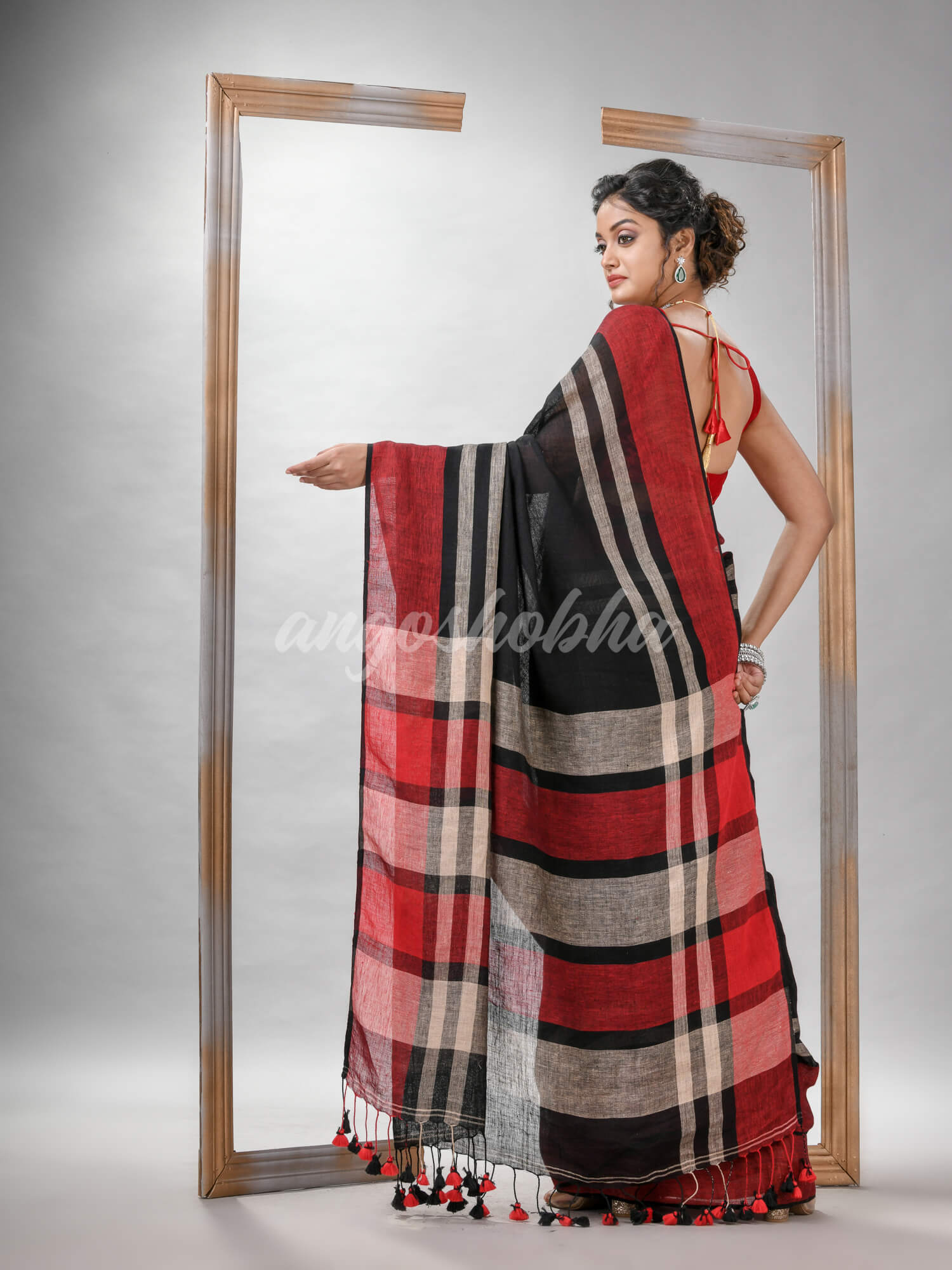 Black with multi colour pallu handwoven linen saree