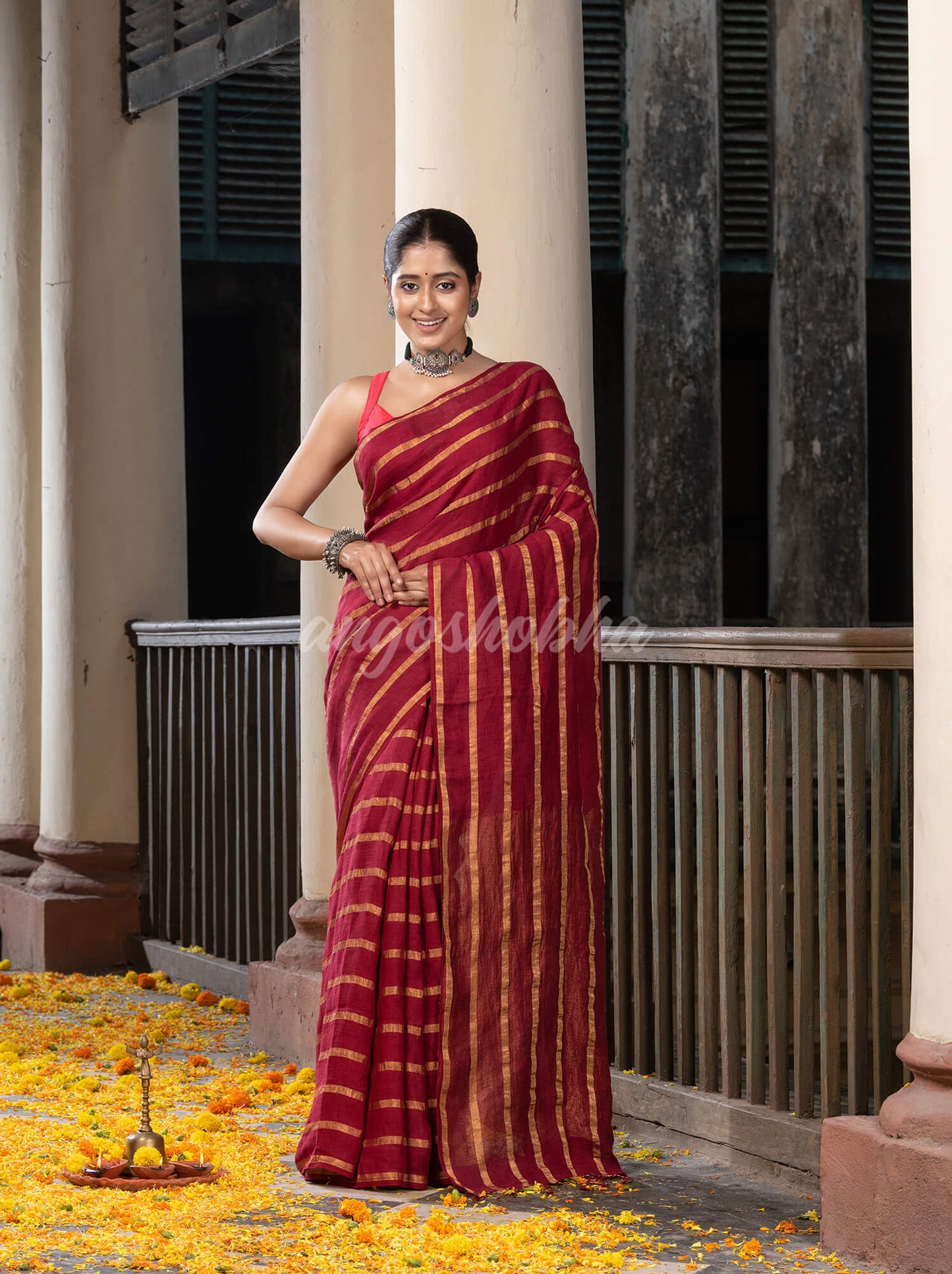 Maroon Linen All Body Zari Stripe Handloom Saree