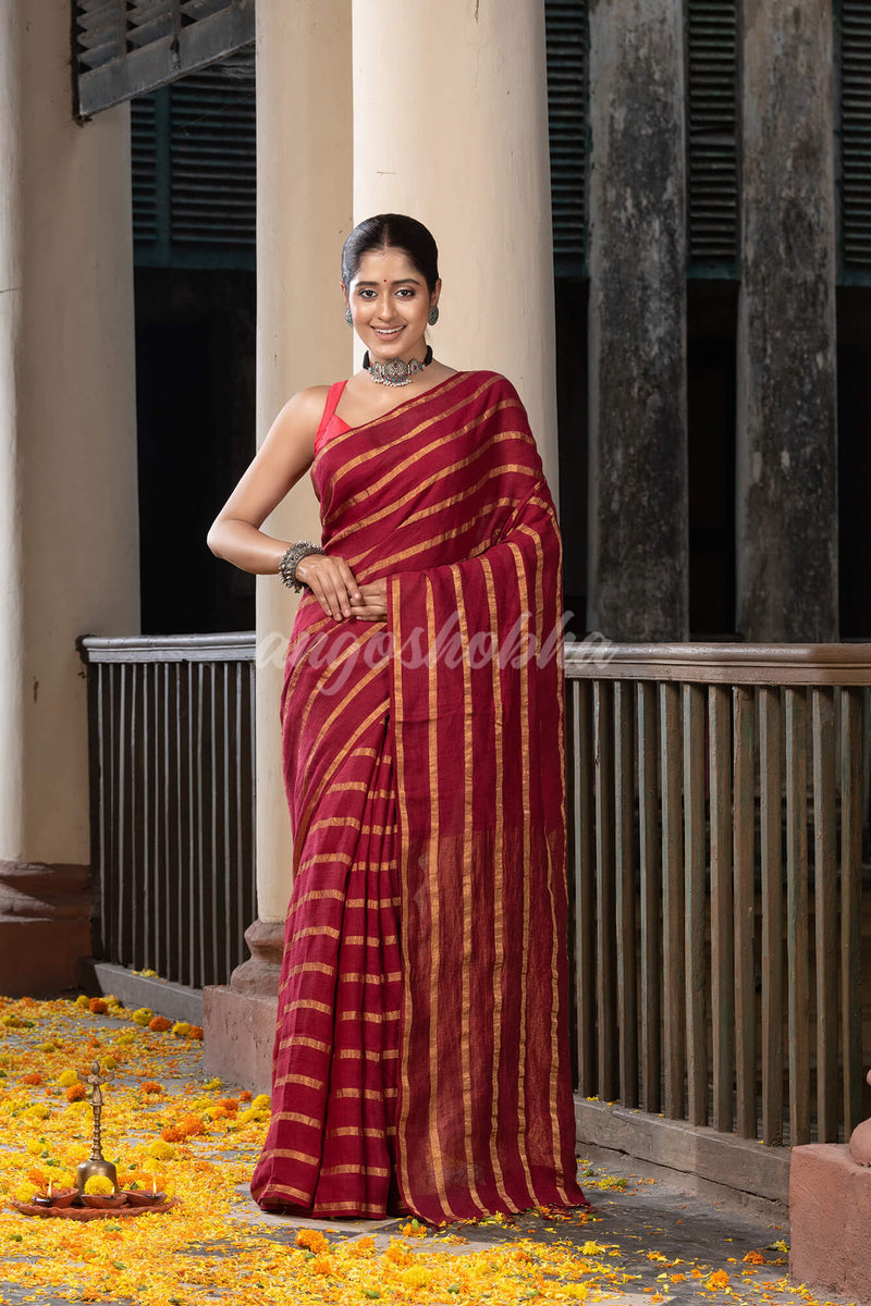Maroon Linen All Body Zari Stripe Handloom Saree