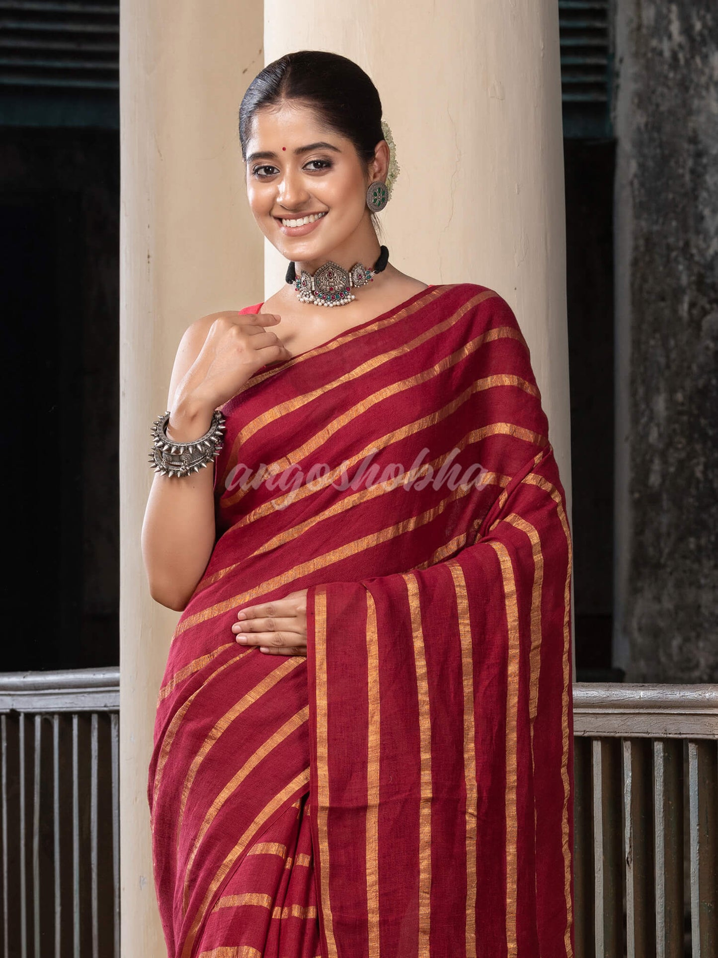 Maroon Linen All Body Zari Stripe Handloom Saree