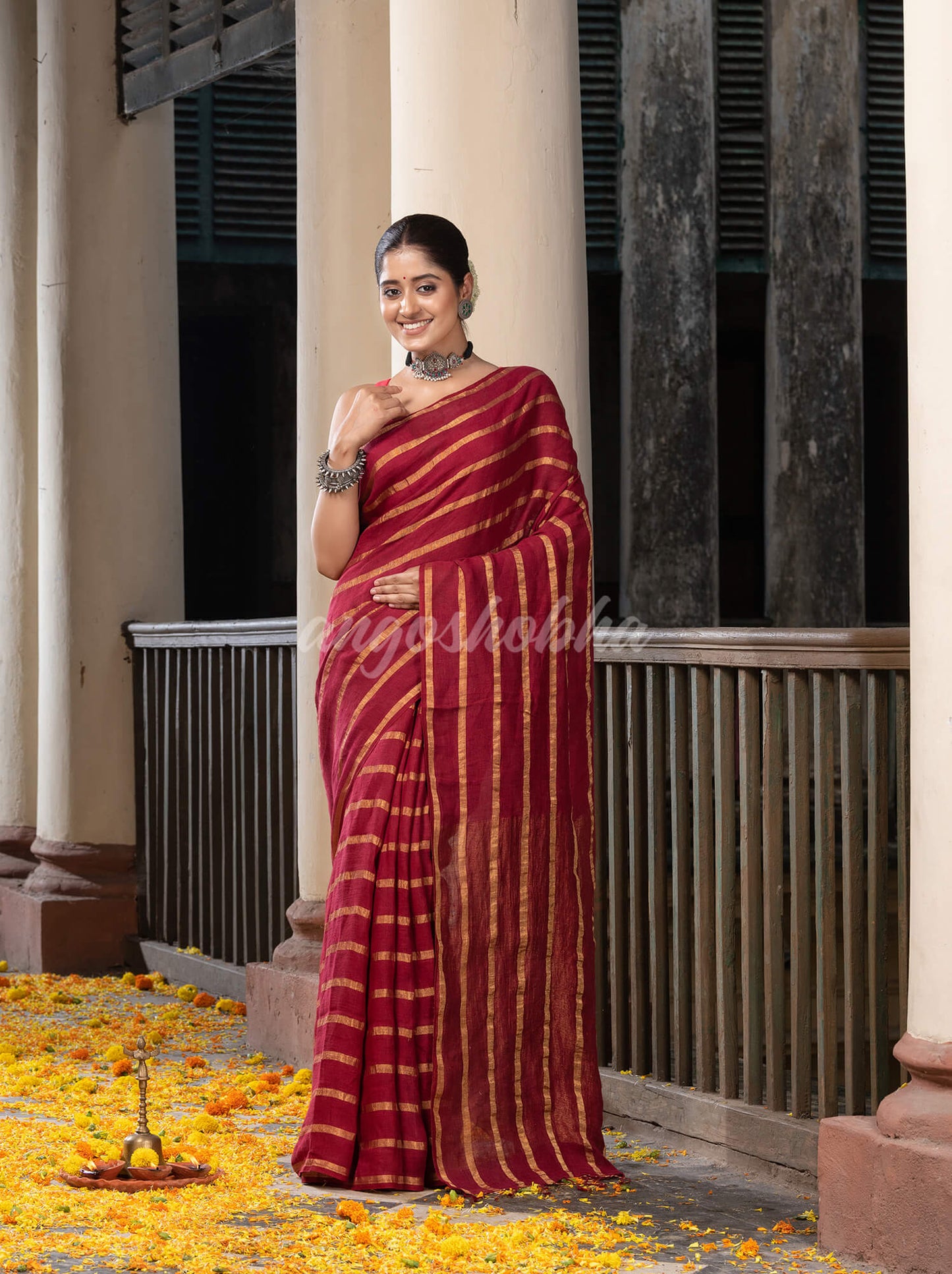 Maroon Linen All Body Zari Stripe Handloom Saree