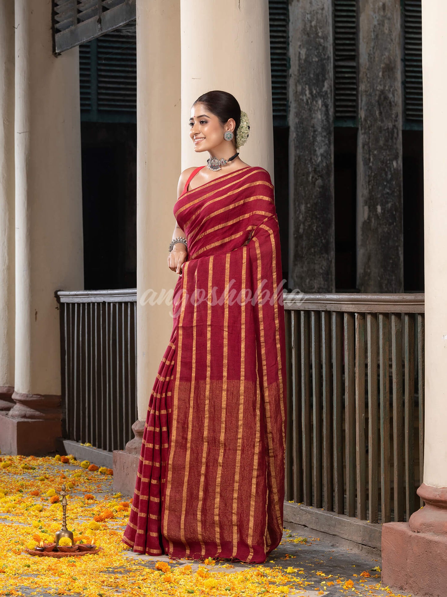 Maroon Linen All Body Zari Stripe Handloom Saree