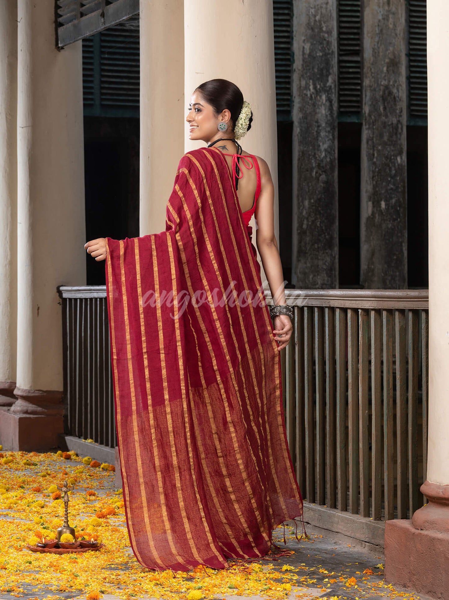 Maroon Linen All Body Zari Stripe Handloom Saree