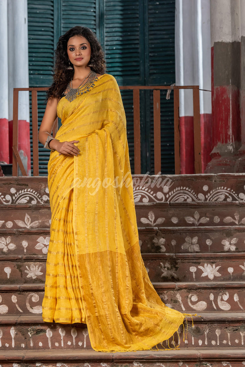 Sun Yellow Linen All Body Stripe With Pallu Zari Handloom Saree