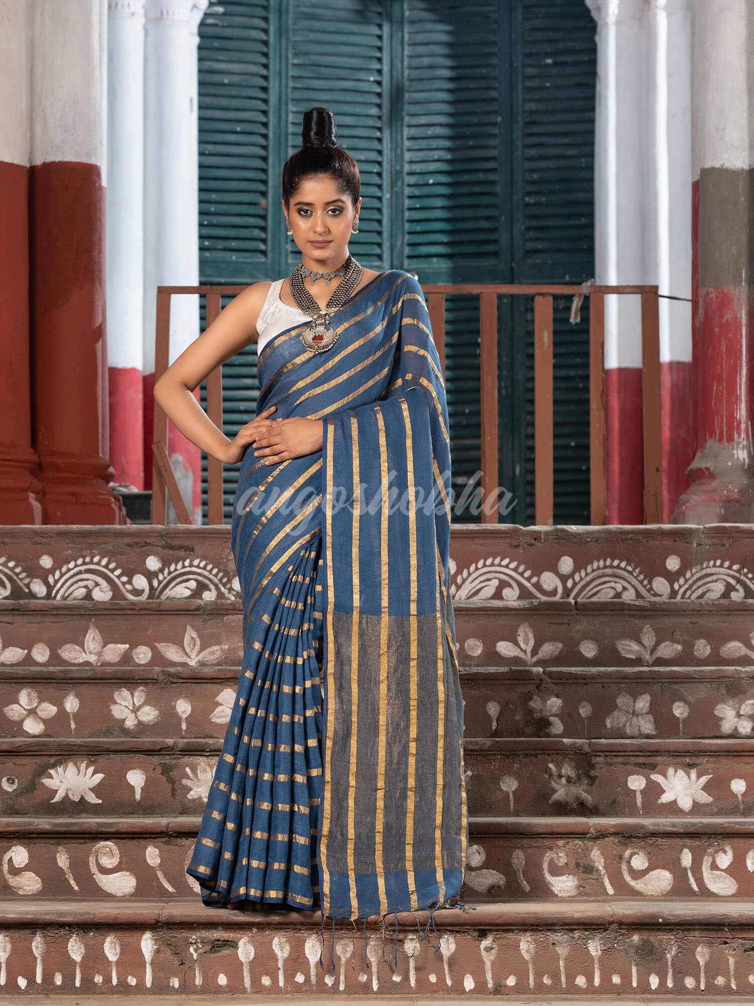 Violet Blue Linen All Body Zari Stripe Handloom Saree