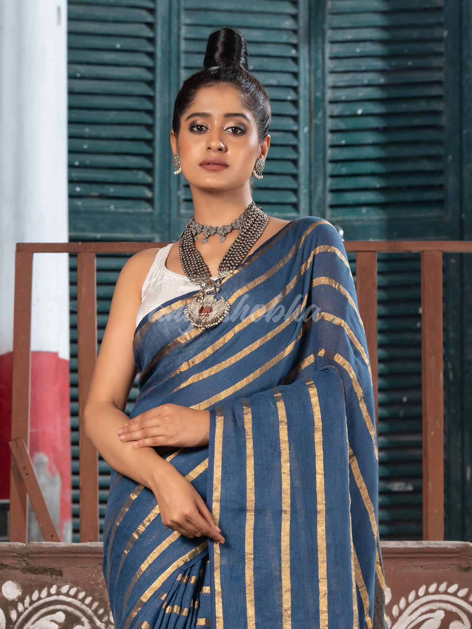 Violet Blue Linen All Body Zari Stripe Handloom Saree
