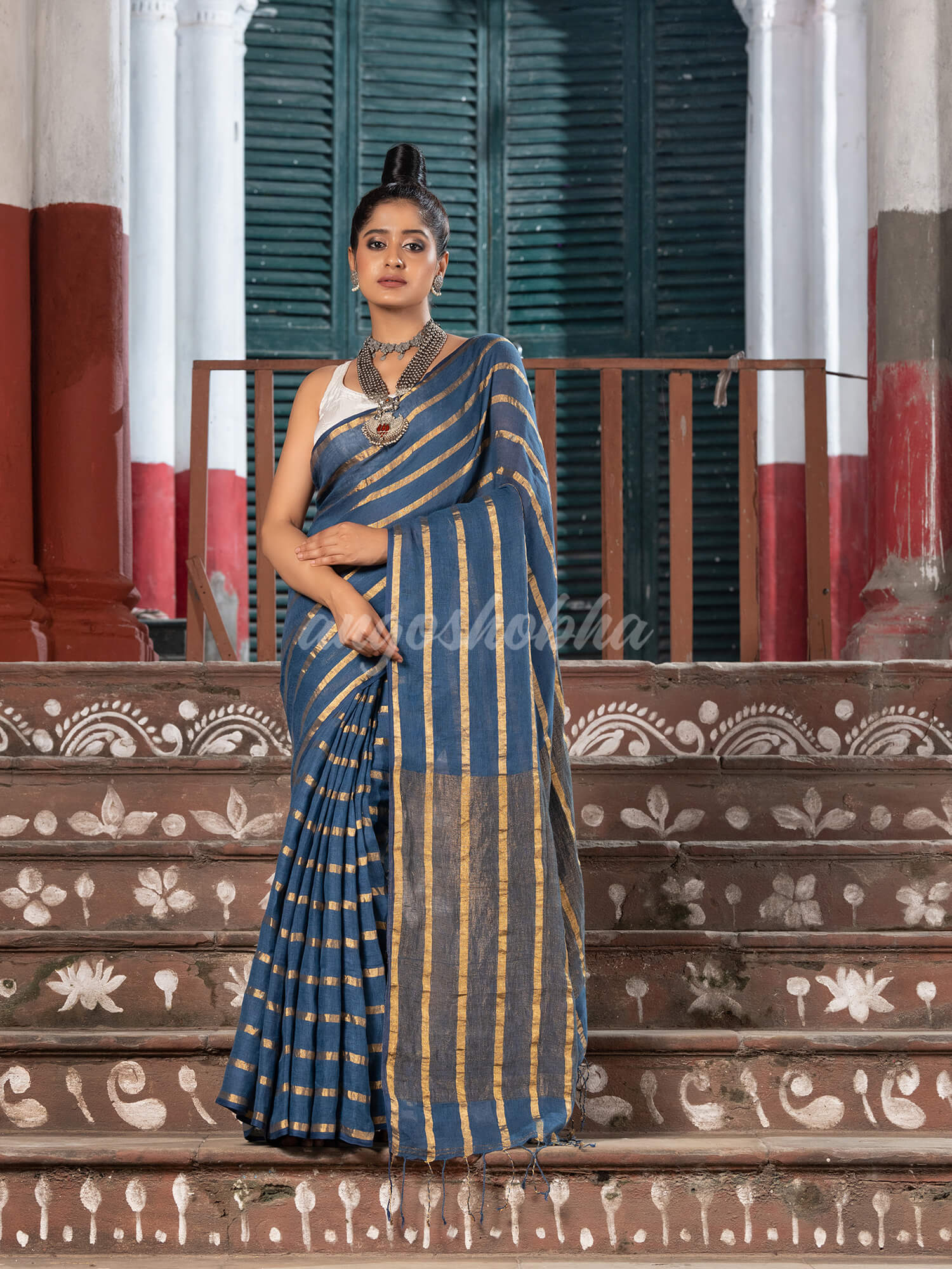 Violet Blue Linen All Body Zari Stripe Handloom Saree