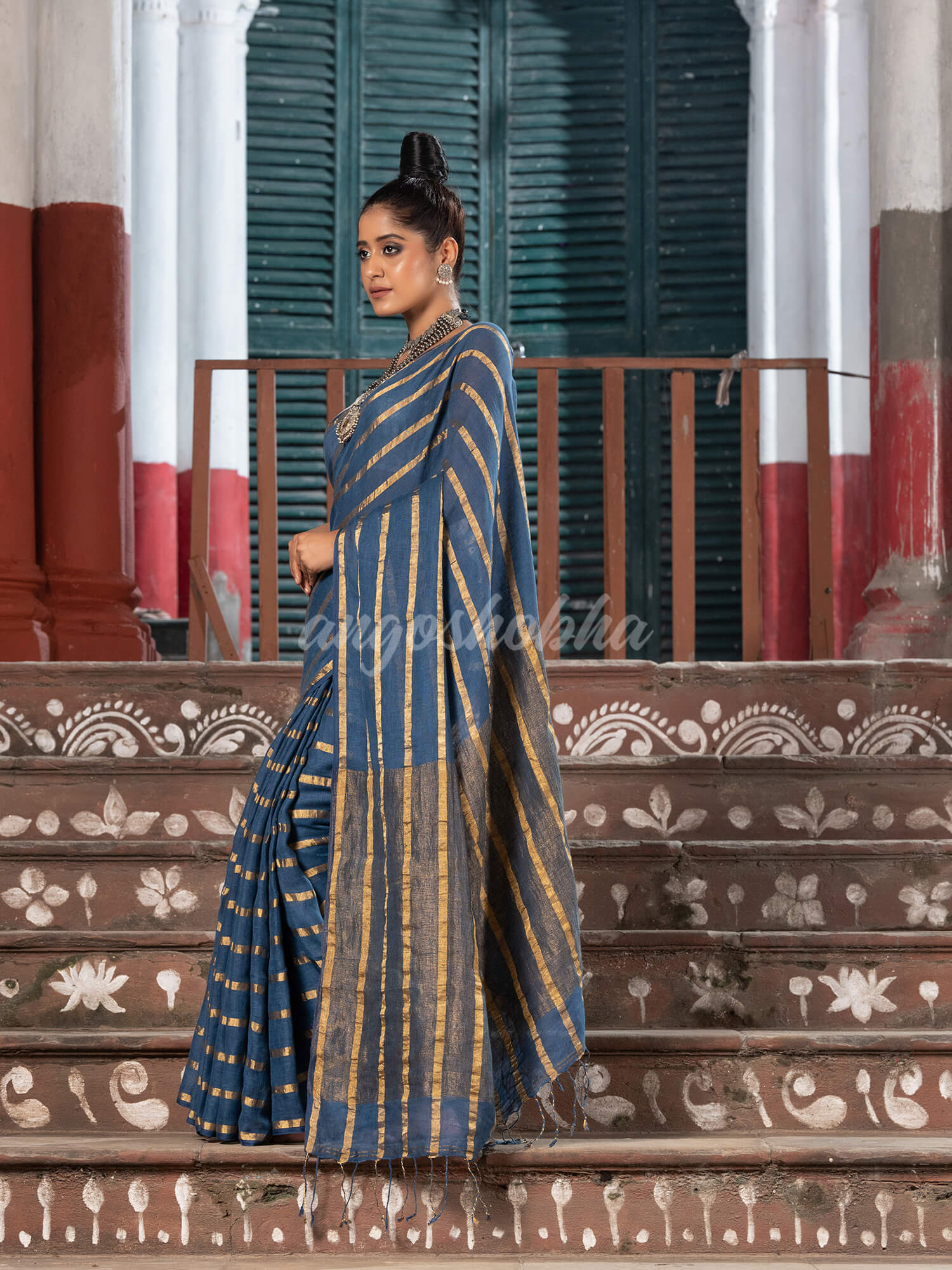 Violet Blue Linen All Body Zari Stripe Handloom Saree