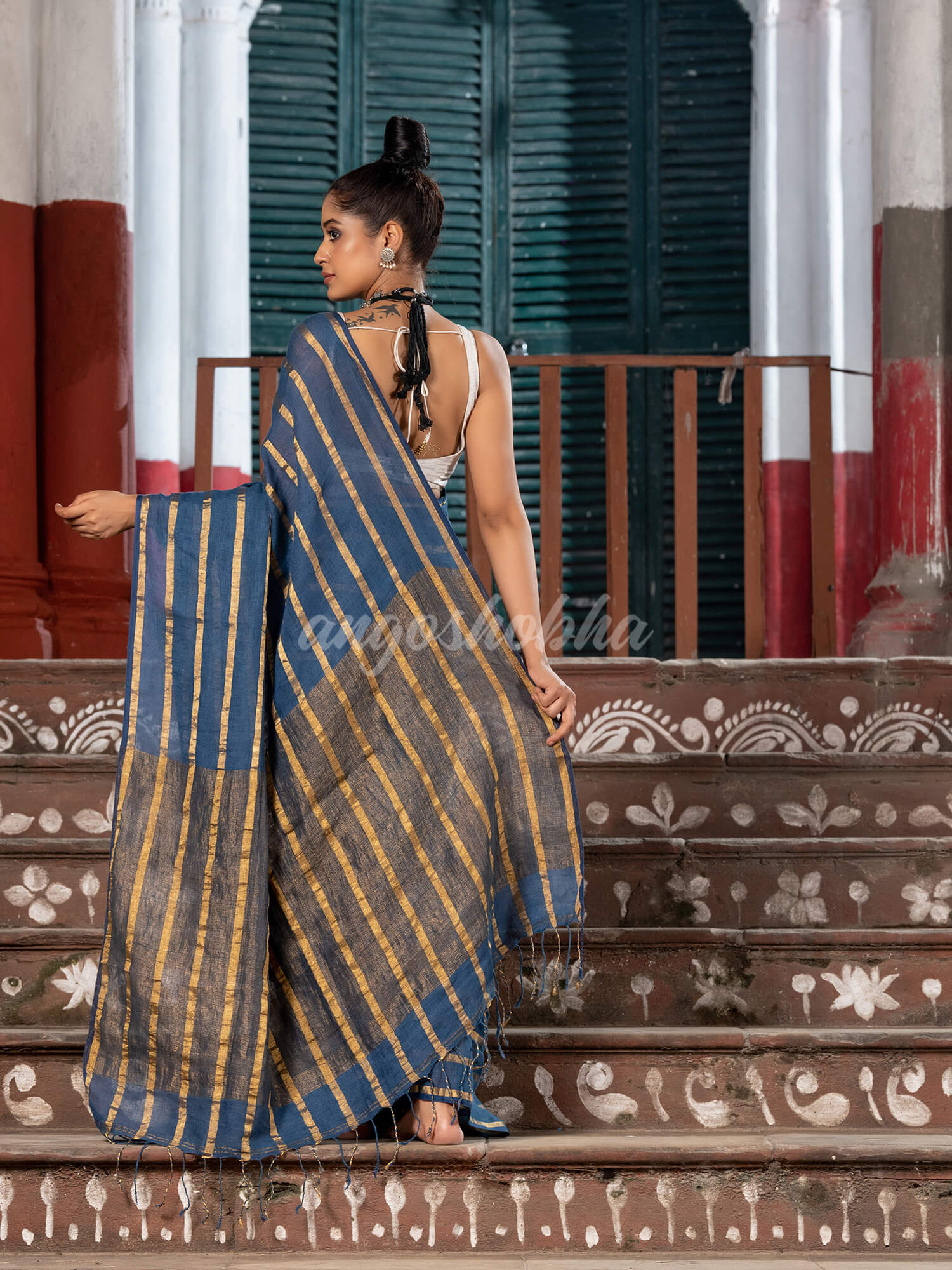 Violet Blue Linen All Body Zari Stripe Handloom Saree