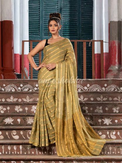 Moss Green Linen All Body Zari Stripe Handloom Saree