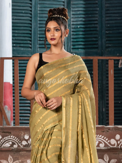 Moss Green Linen All Body Zari Stripe Handloom Saree