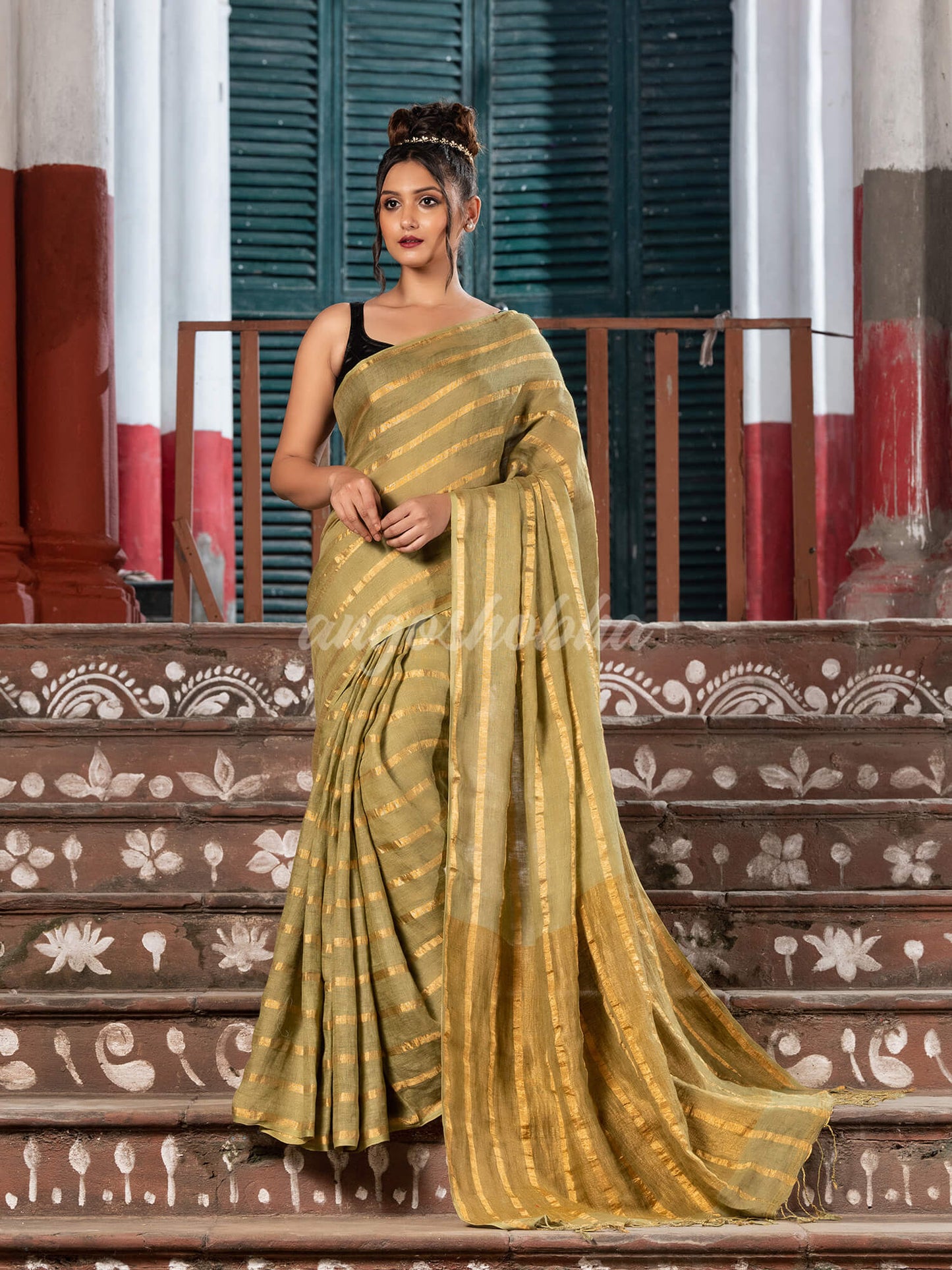 Moss Green Linen All Body Zari Stripe Handloom Saree