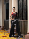 Black Linen White Deck Of Cards Design Handwoven Saree