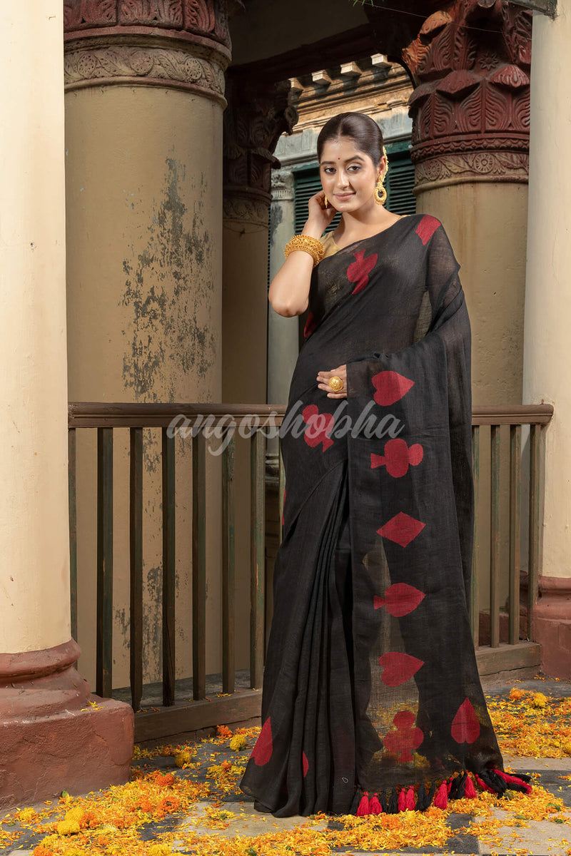 Black Linen Red Deck Of Cards Design Handwoven Saree