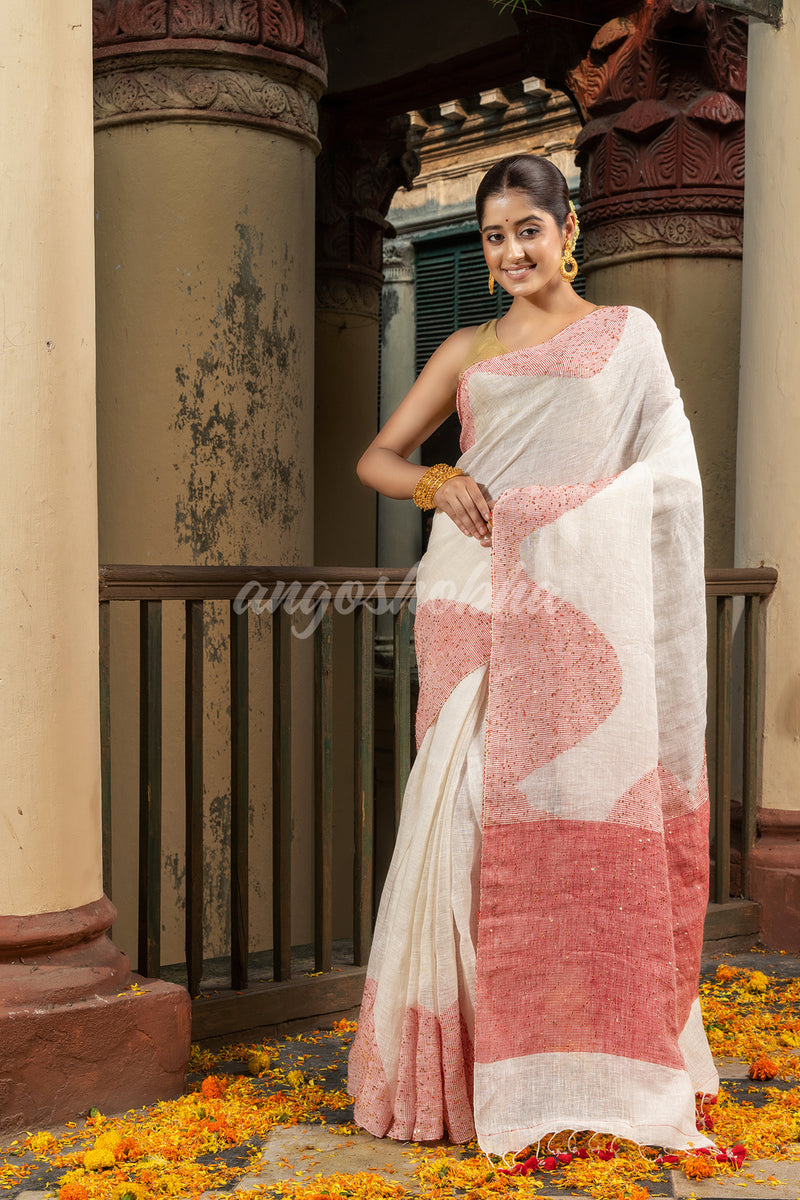 White Linen Red Sequence Design Handloom Saree
