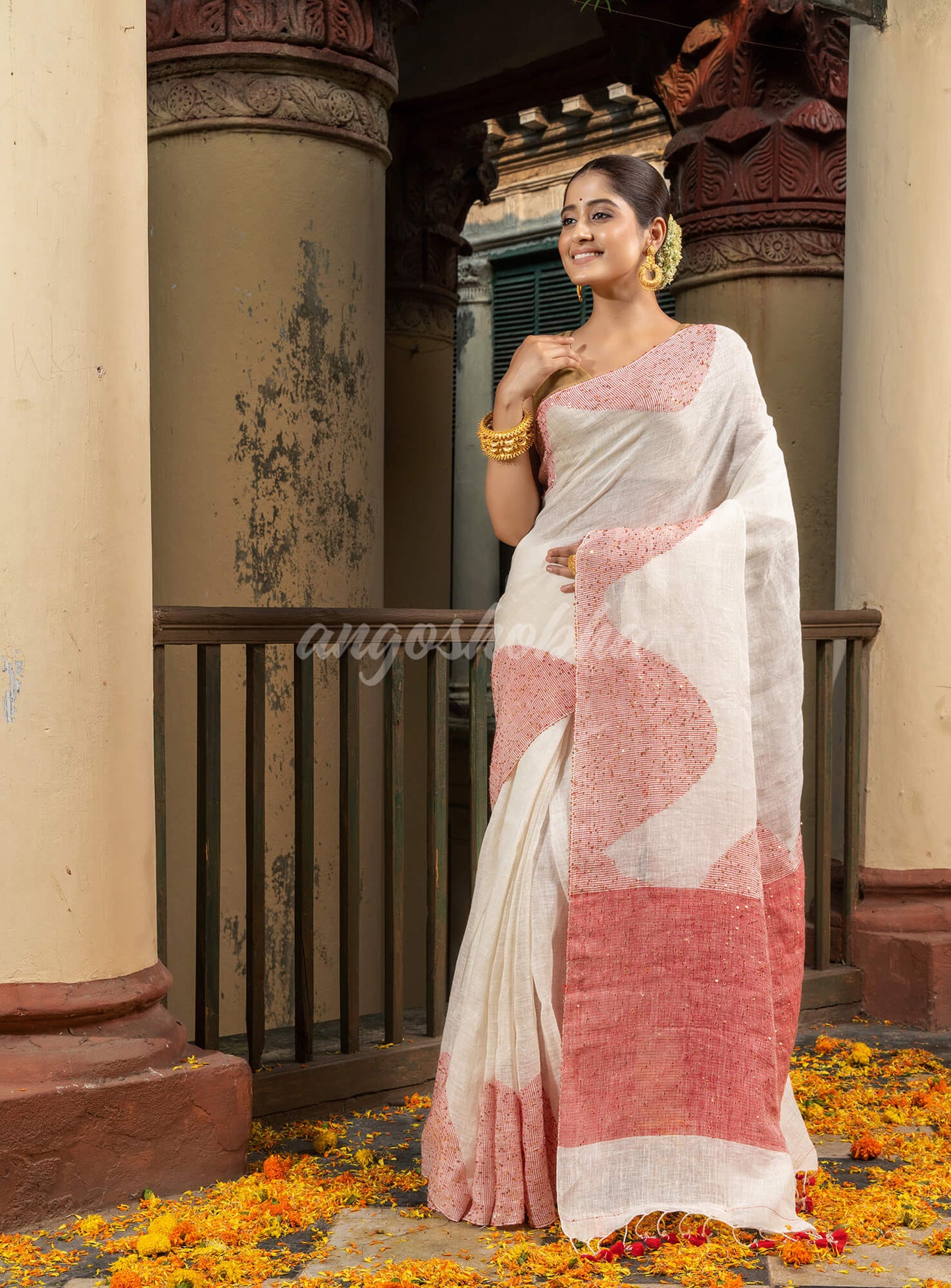 White Linen Red Sequence Design Handloom Saree