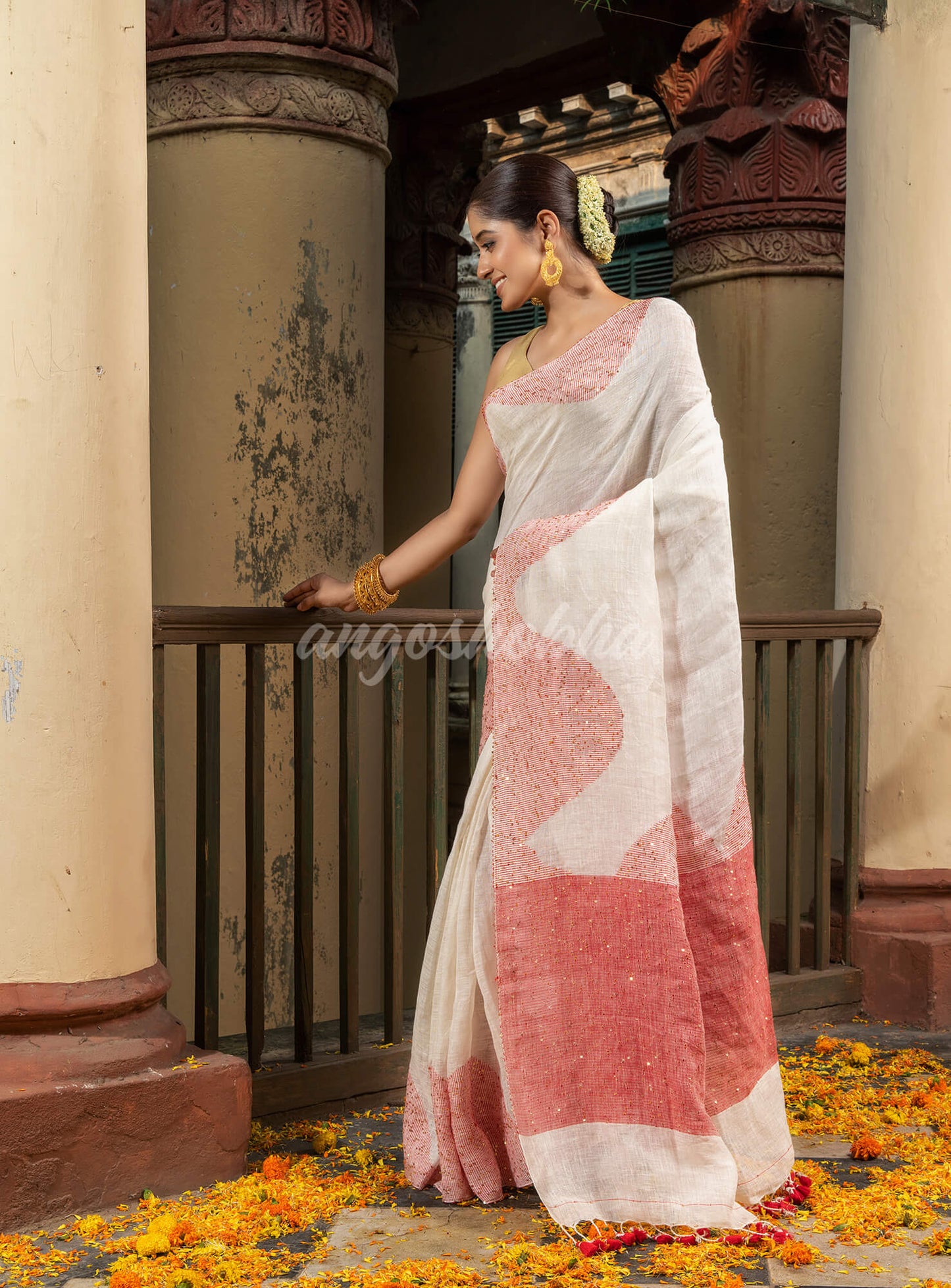 White Linen Red Sequence Design Handloom Saree