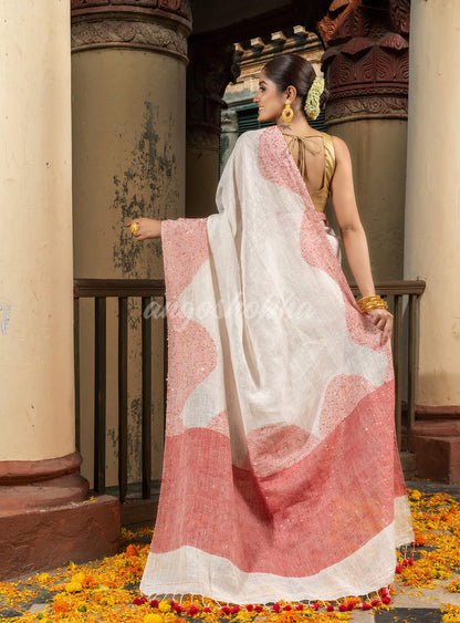 White Linen Red Sequence Design Handloom Saree