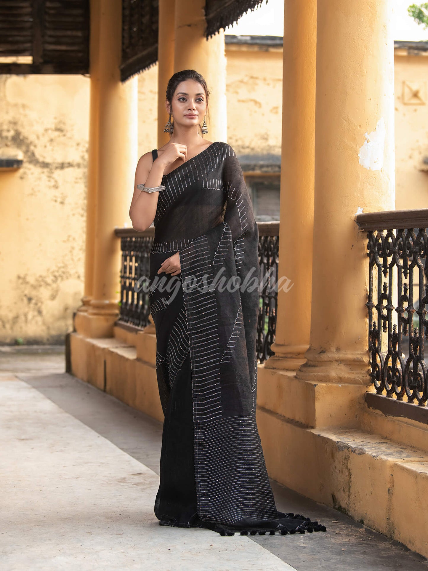 Black Linen Sequin Work Handwoven Saree