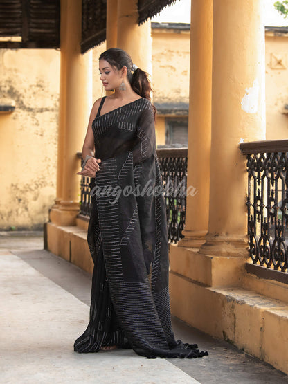 Black Linen Sequin Work Handwoven Saree