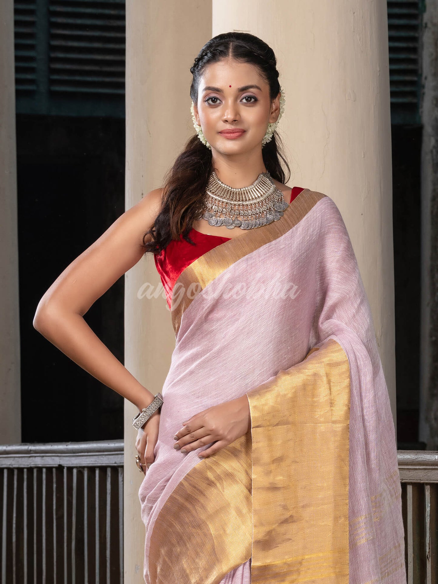 pale purple linen traditional handloom saree