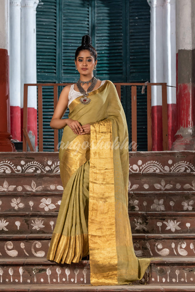 Moss Green Linen Traditional Handloom Saree