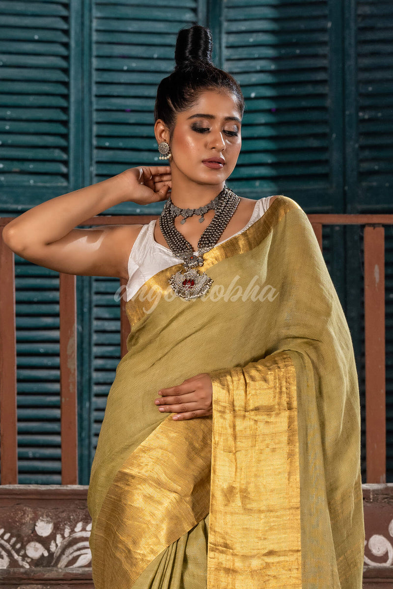 Moss Green Linen Traditional Handloom Saree