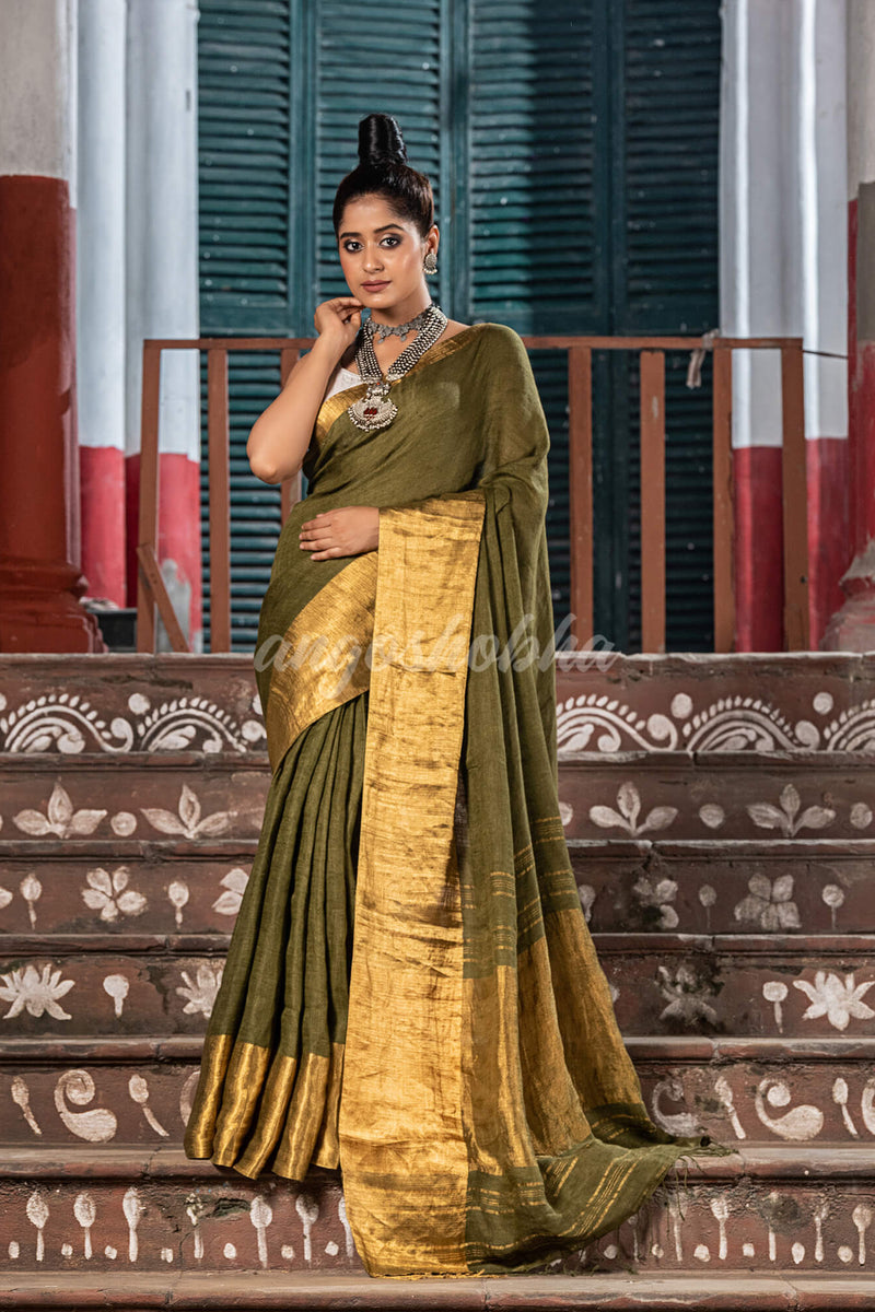 Dark Army Green Linen Traditional Handloom Saree