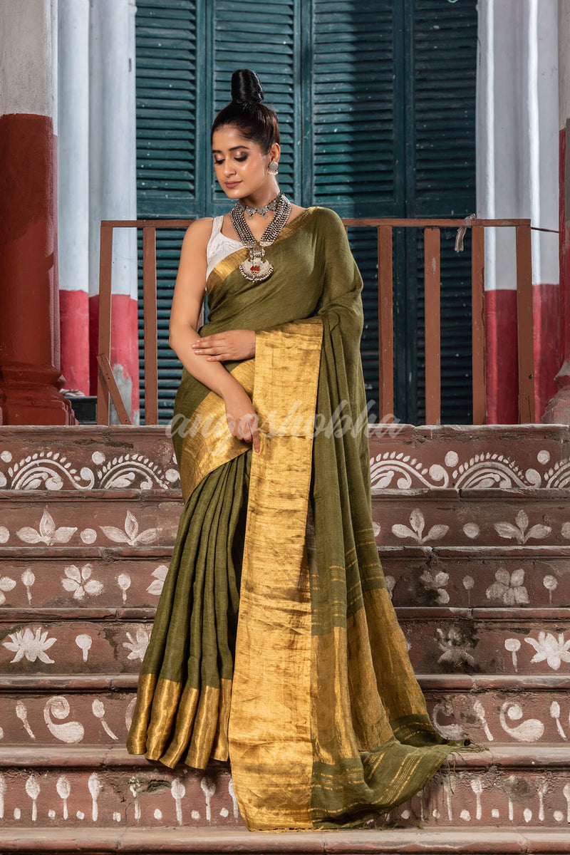 Dark Army Green Linen Traditional Handloom Saree