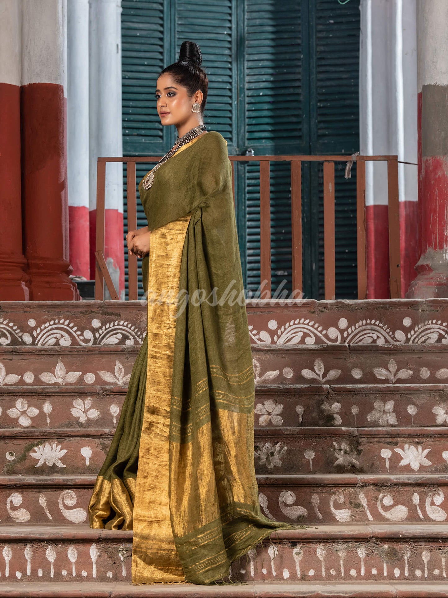 Dark Army Green Linen Traditional Handloom Saree