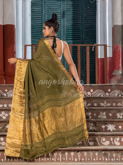 Dark Army Green Linen Traditional Handloom Saree