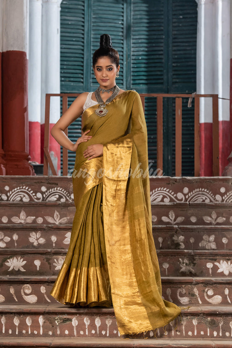 Olive Green Linen Traditional Handloom Saree
